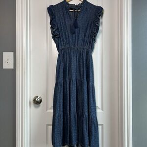 Saks Fifth Avenue Chambray Ruffle Midi Dress Cottagecore Prairie Girl Boho Style